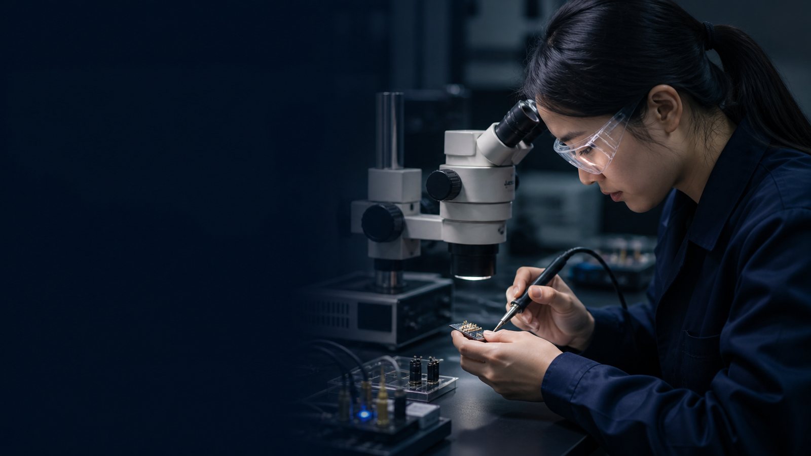 An engineer inspecting a precision electronics module at an electronics workstation